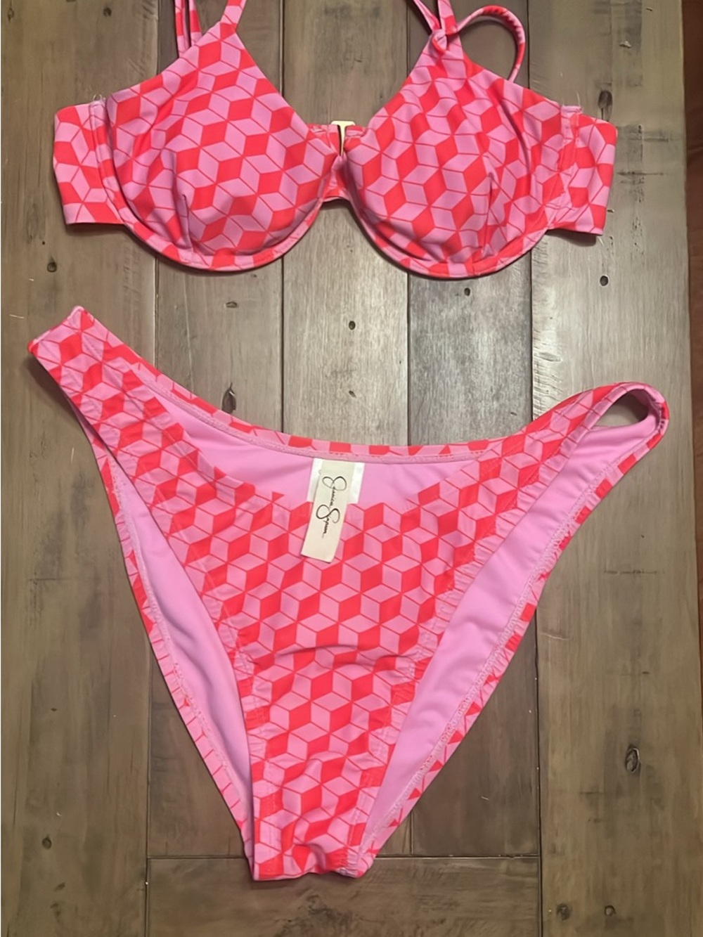 Jessica Simpson Pink & Coral Geometric Bikini Set Top M Bottom L